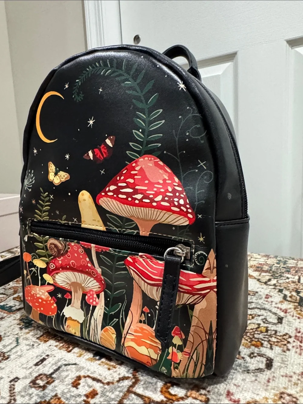 Whimsy Mushroom Print Mini Backpack - Black